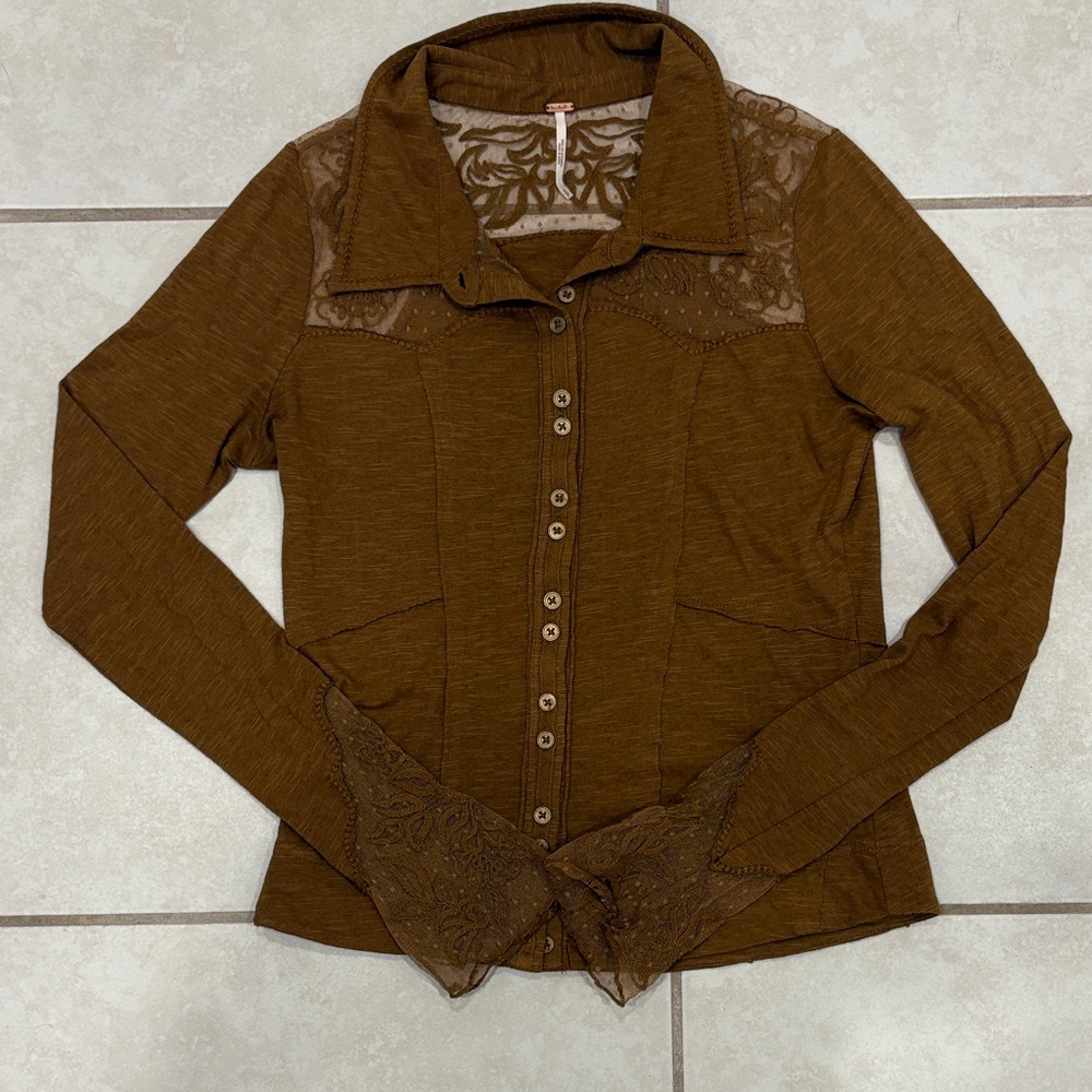 Free People Button Down Top with Lace Detail